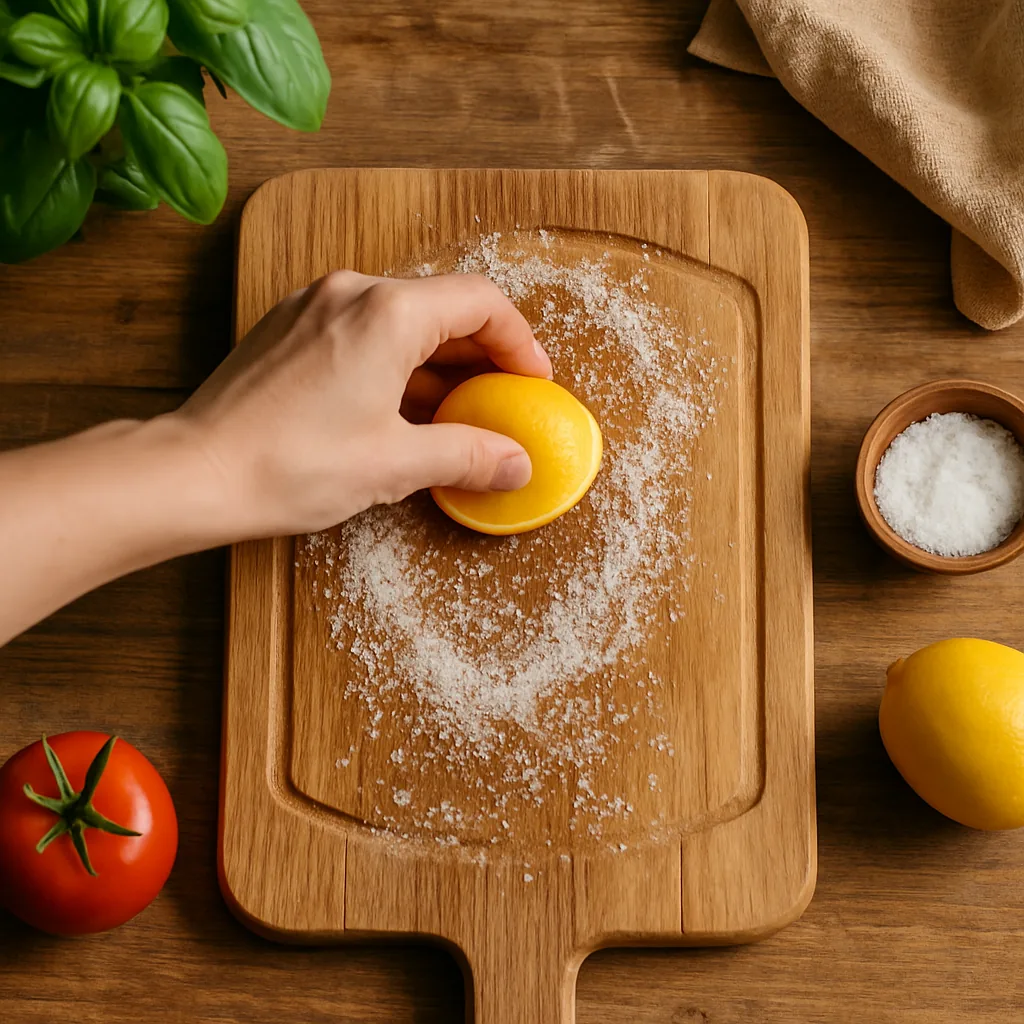 Nettoyage d'une planche à découper en bois avec du citron et du sel