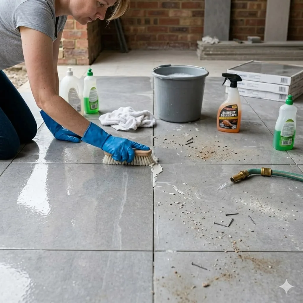 Carrelage neuf gris parfaitement nettoyé après travaux