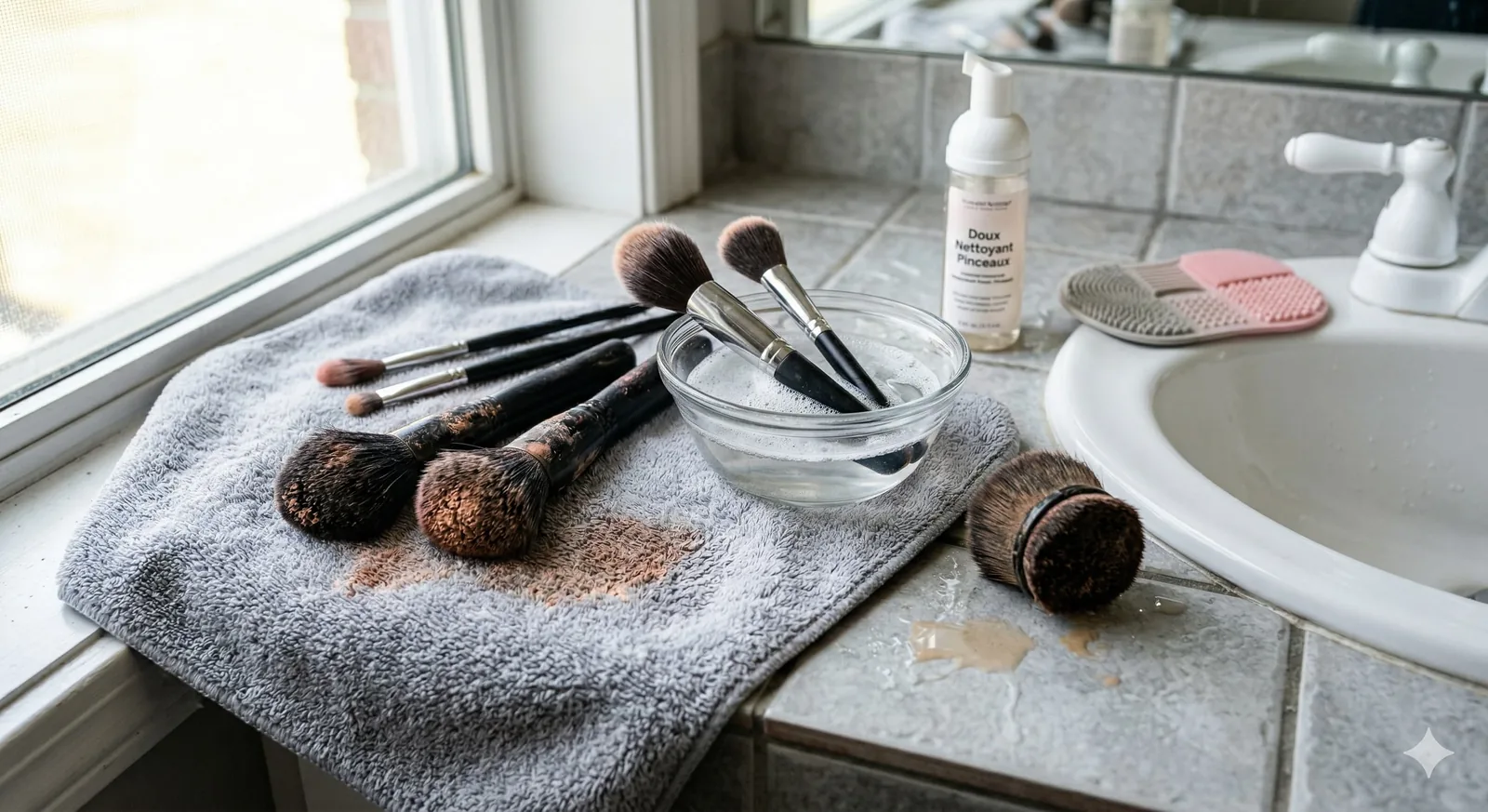 Nettoyage de pinceaux de maquillage avec du savon et de l'eau