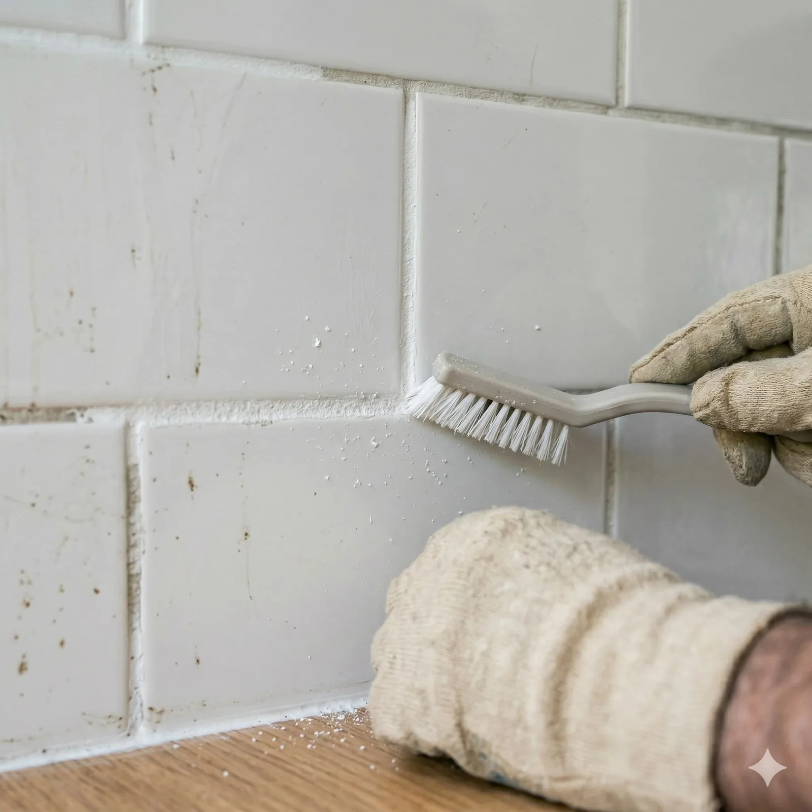 Nettoyage de joints de carrelage blancs entre des carreaux gris