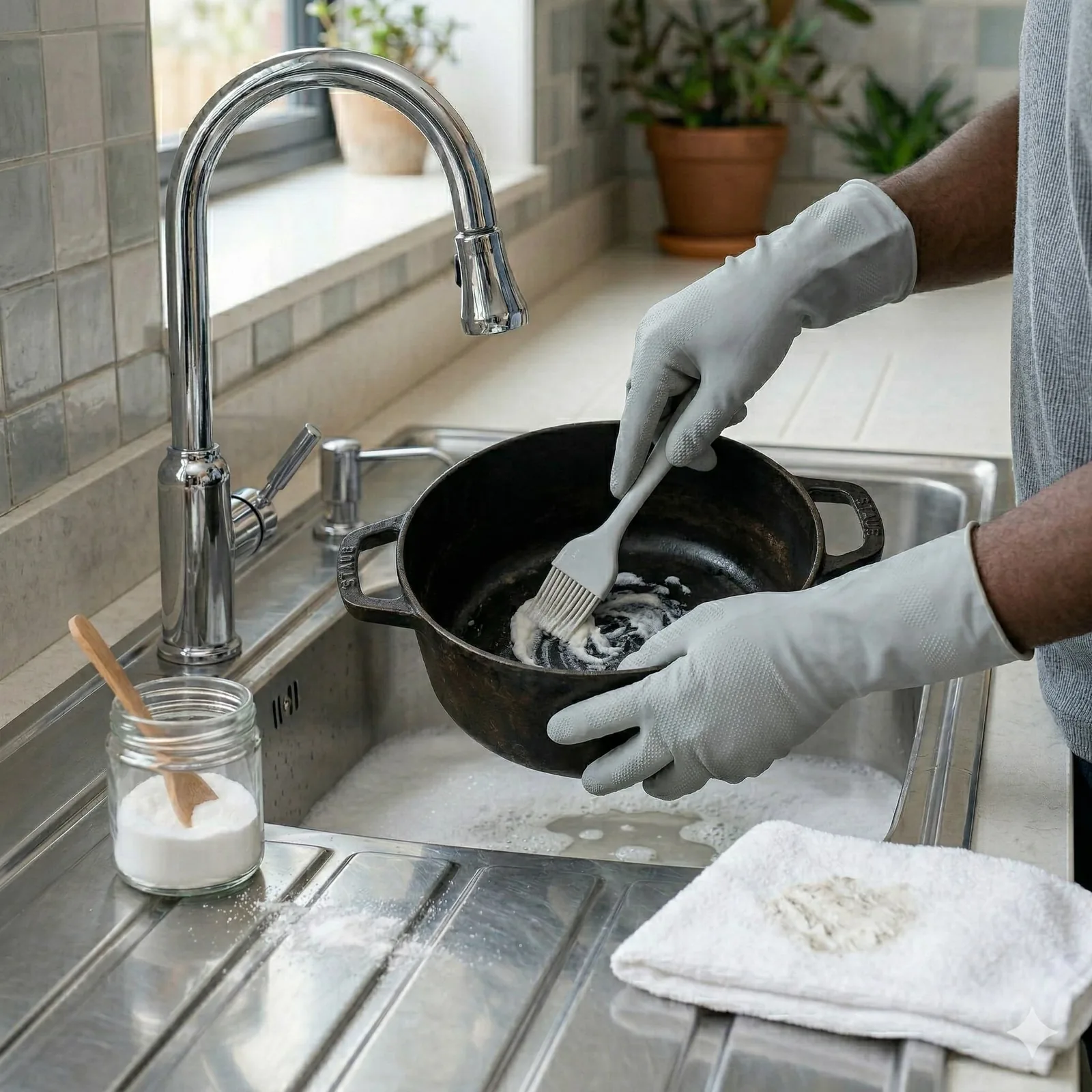 Cocotte en fonte émaillée propre et brillante sur une cuisinière