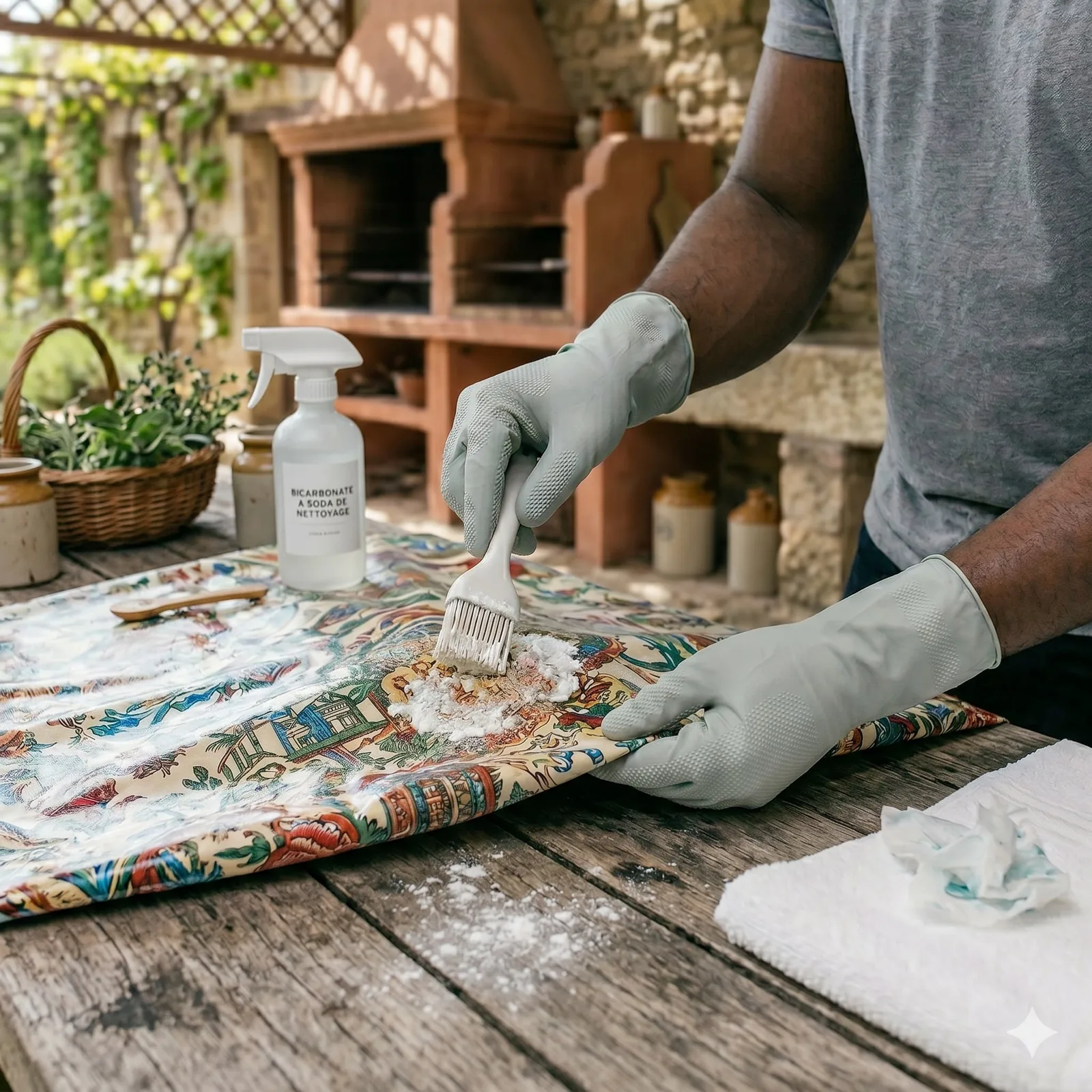 Nettoyage d'une nappe en toile cirée moderne sur une table de cuisine