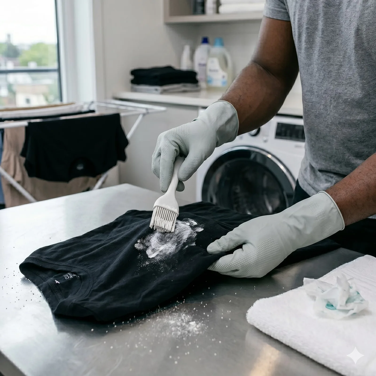 Détachage d'un t-shirt noir présentant des traces blanches de déodorant