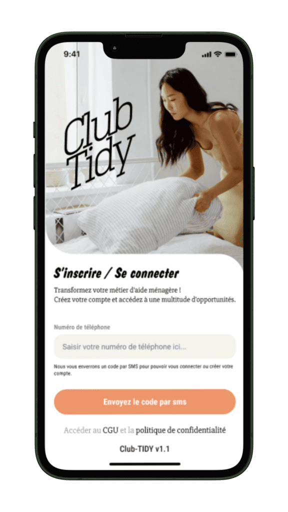 Ecran inscription application CLUB TIDY Pro