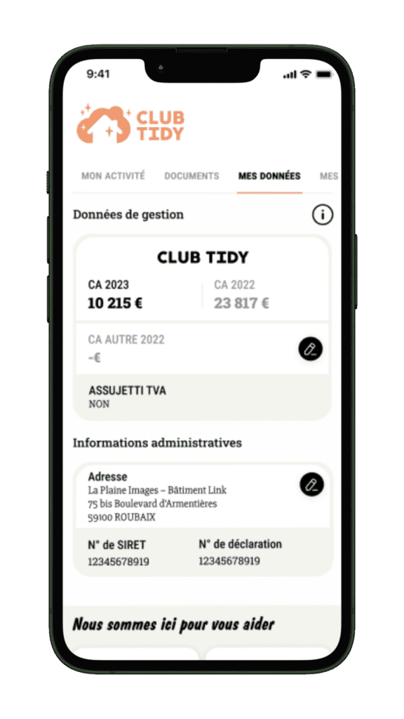 Ecran suivi d'activité sur l'application CLUB TIDY Pro