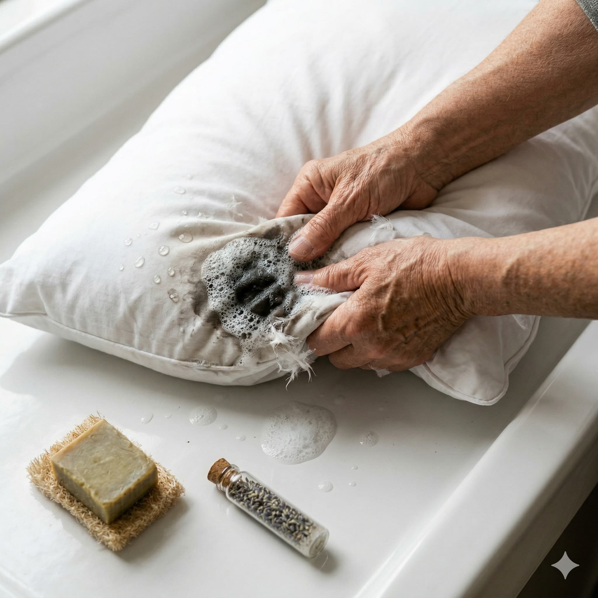 Oreiller en plumes gonflant et propre sur un lit blanc