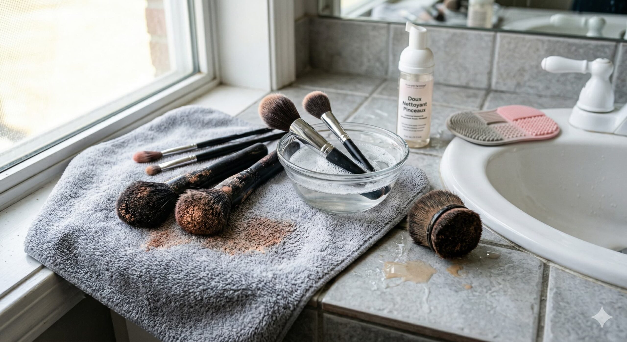 Nettoyage de pinceaux de maquillage avec du savon et de l'eau