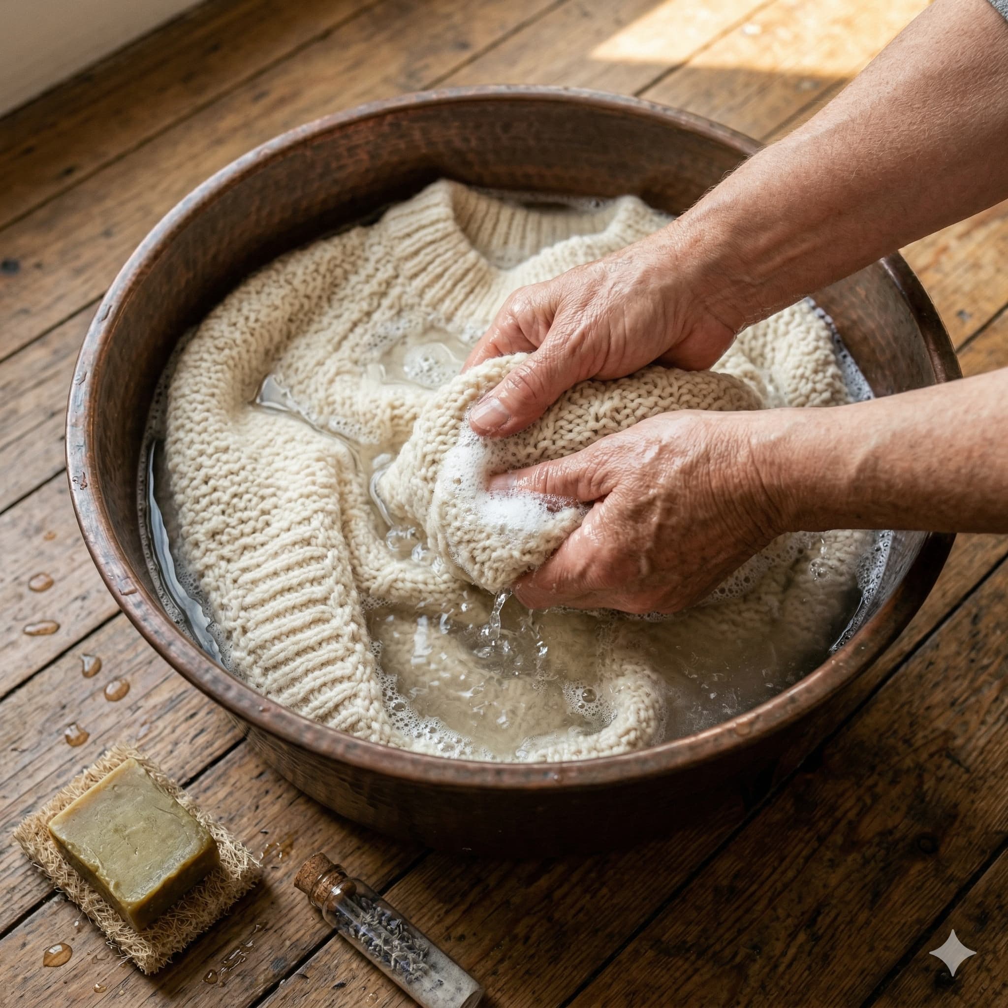 Pull en laine propre et plié sur une surface en bois
