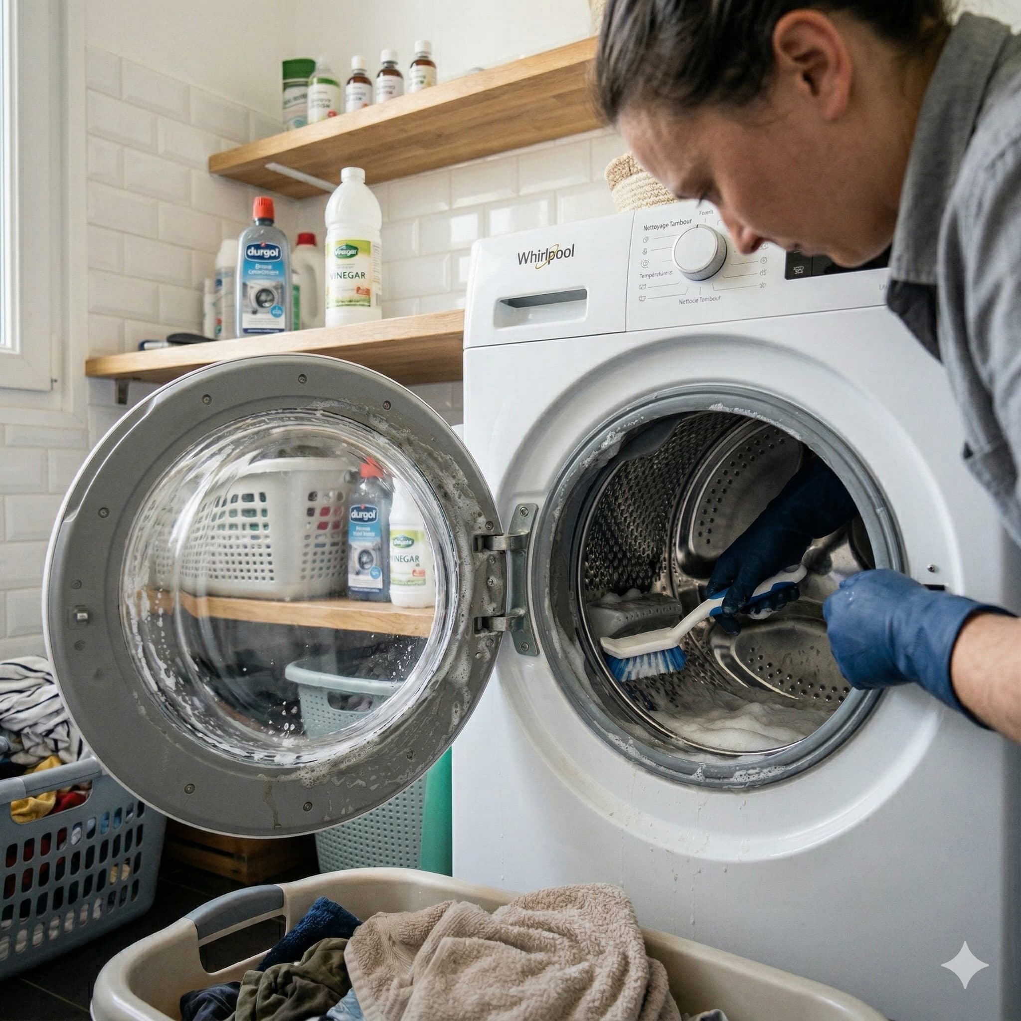 Intérieur brillant d'un tambour de machine à laver après nettoyage
