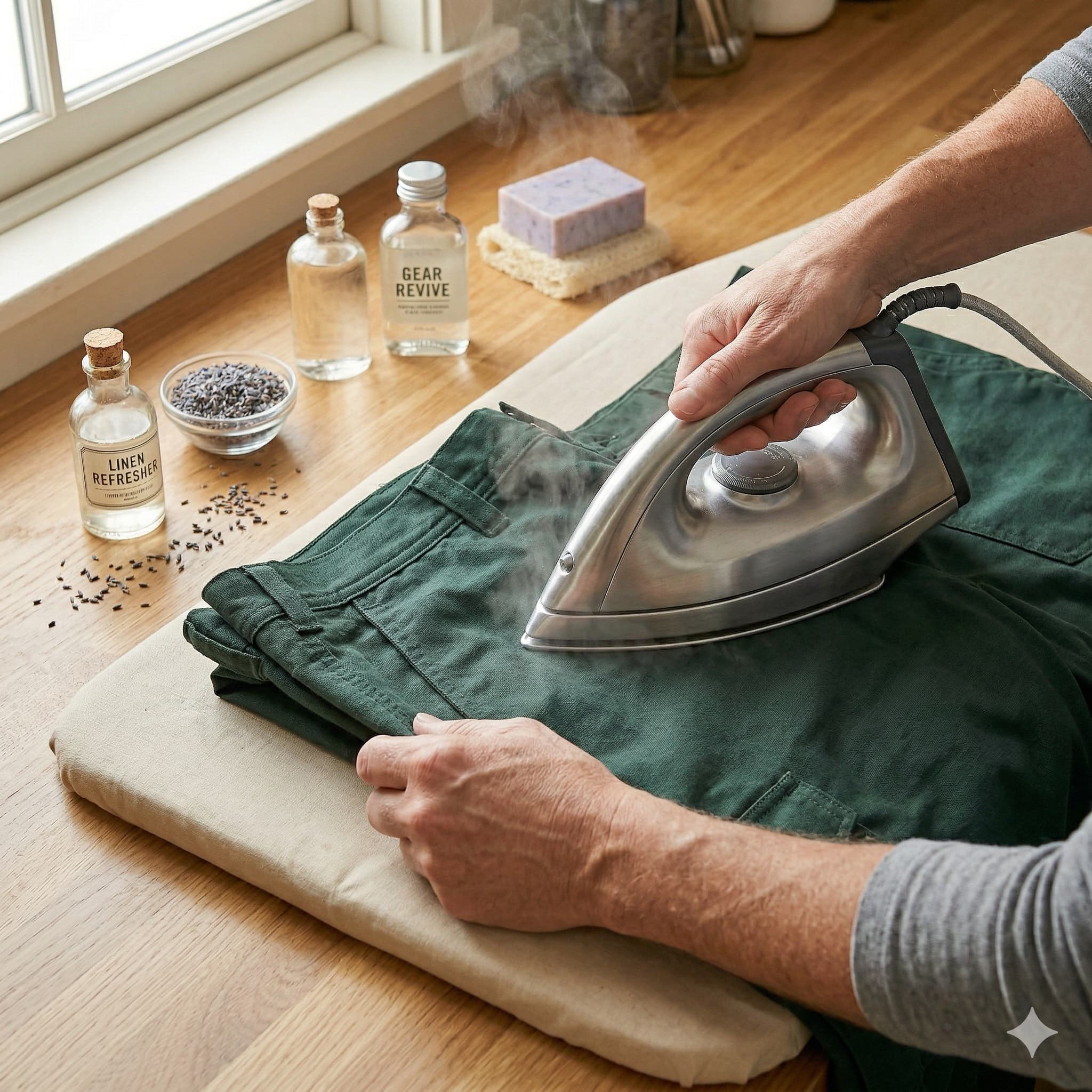 Fer à repasser vapeur sur un pantalon bleu à plat