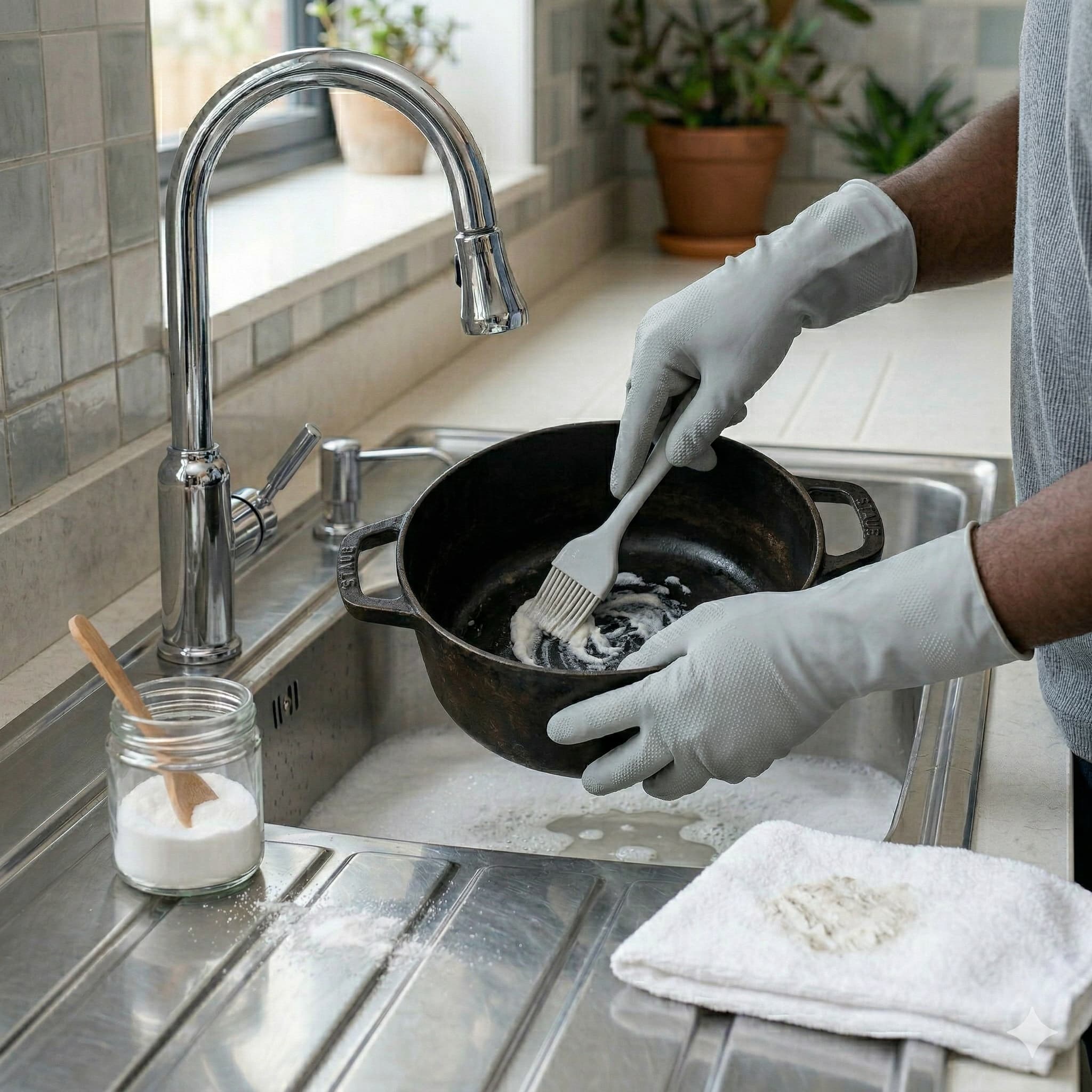 Cocotte en fonte émaillée propre et brillante sur une cuisinière